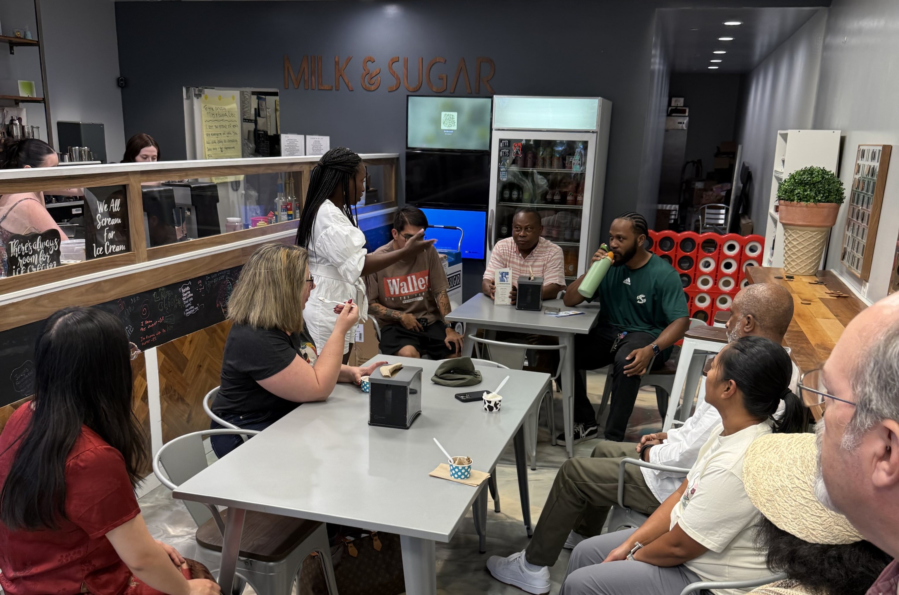 Assemblymember Rhodesia Ransom meeting with constituents during her Tracy Meet and Greet event at Milk & Sugar in Tracy, CA.