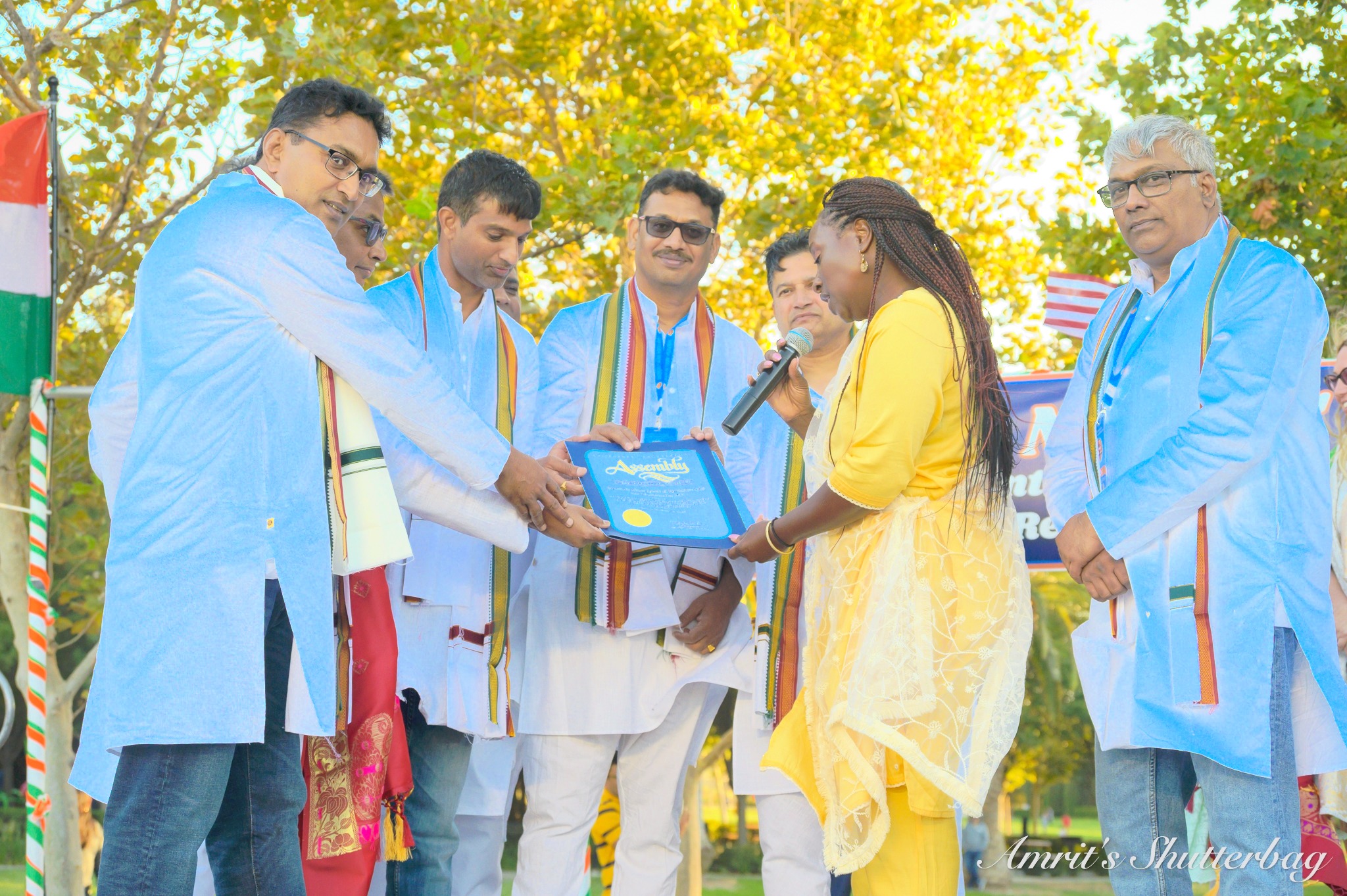 Assemblymember Rhodesia Ransom presenting a certificate of recognition on behalf of the State Assembly to Mountain House Sports and Recreation Club for hosting their 5th Annual India's Independence Day in Mountain House, CA.