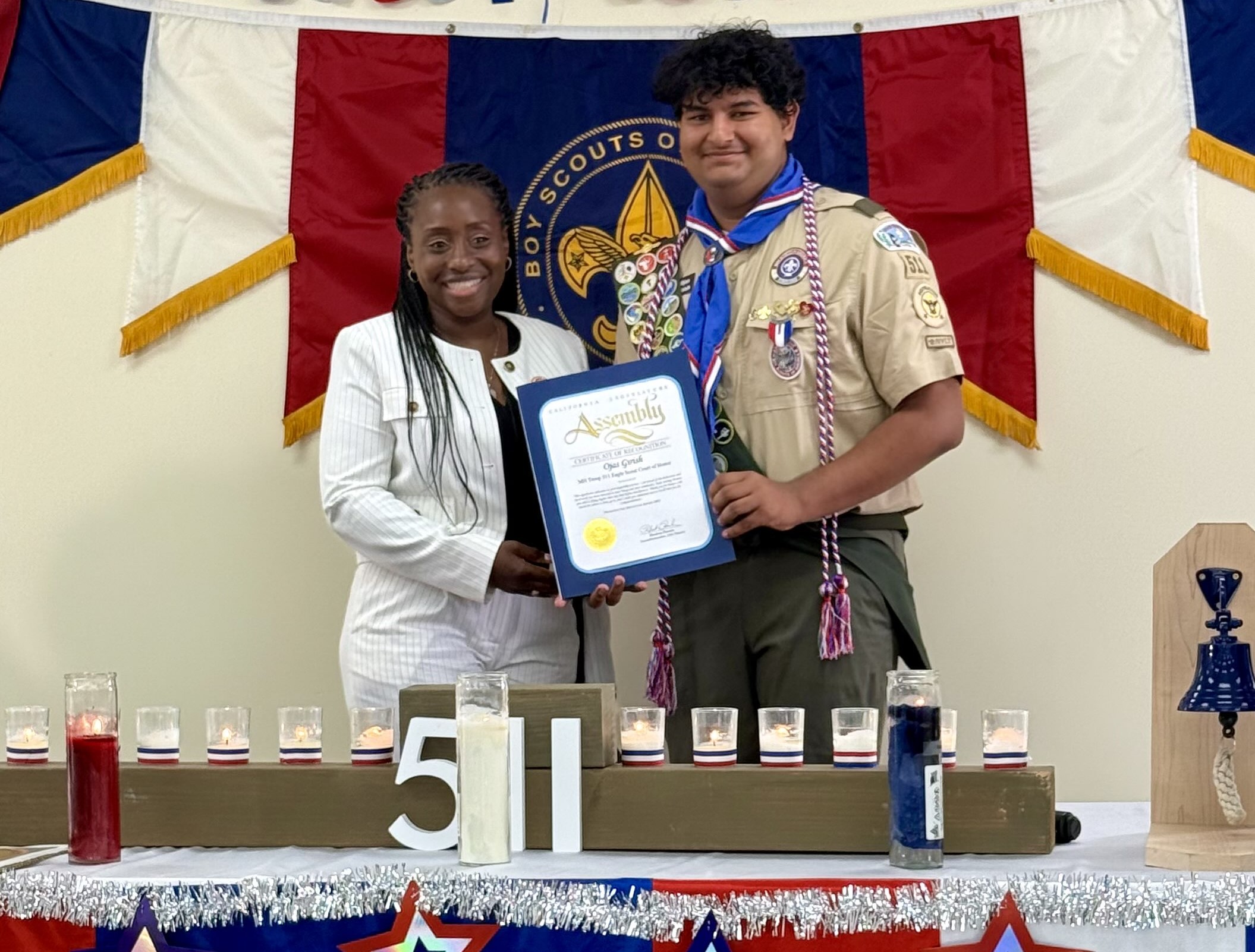 Assemblymember Rhodesia Ransom recognizing a Scout member for a recent promotion to Eagle Scout in Mountain House Troop 511.