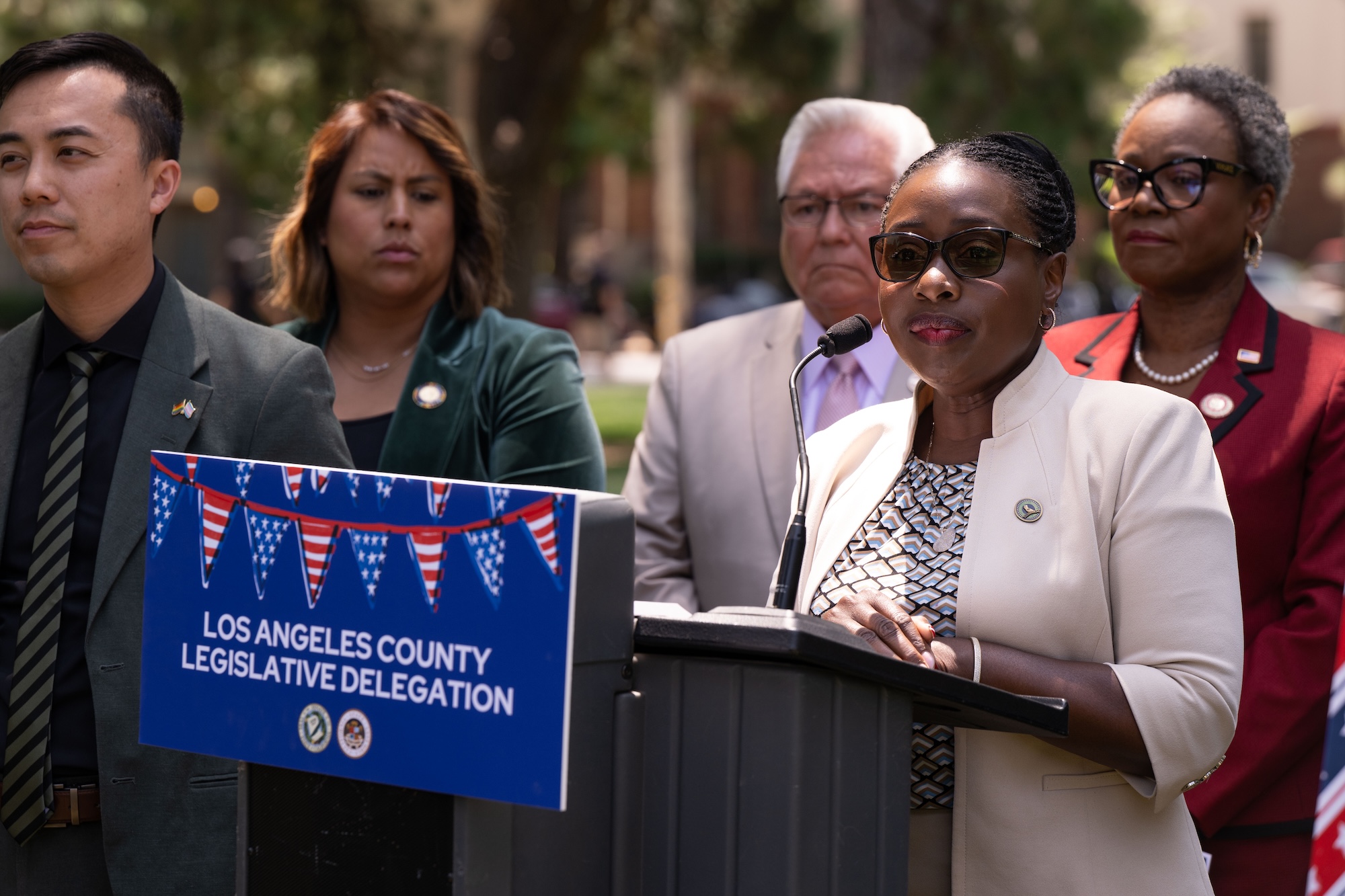 Assemblymember Rhodesia Ransom speaking during a press conference.