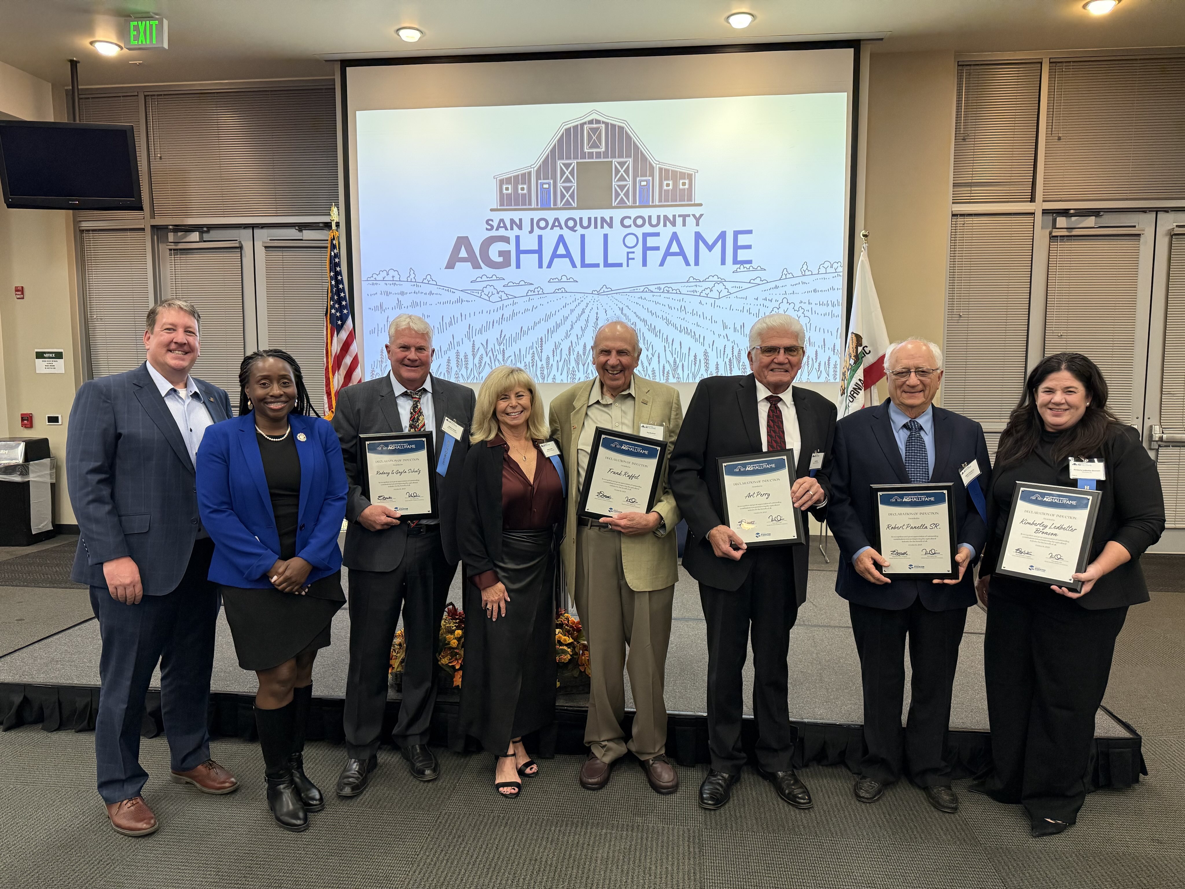 Assemblymember Rhodesia Ransom with 2025 San Joaquin County Agriculture Hall of Fame Inductees and CEO Timm Quinn