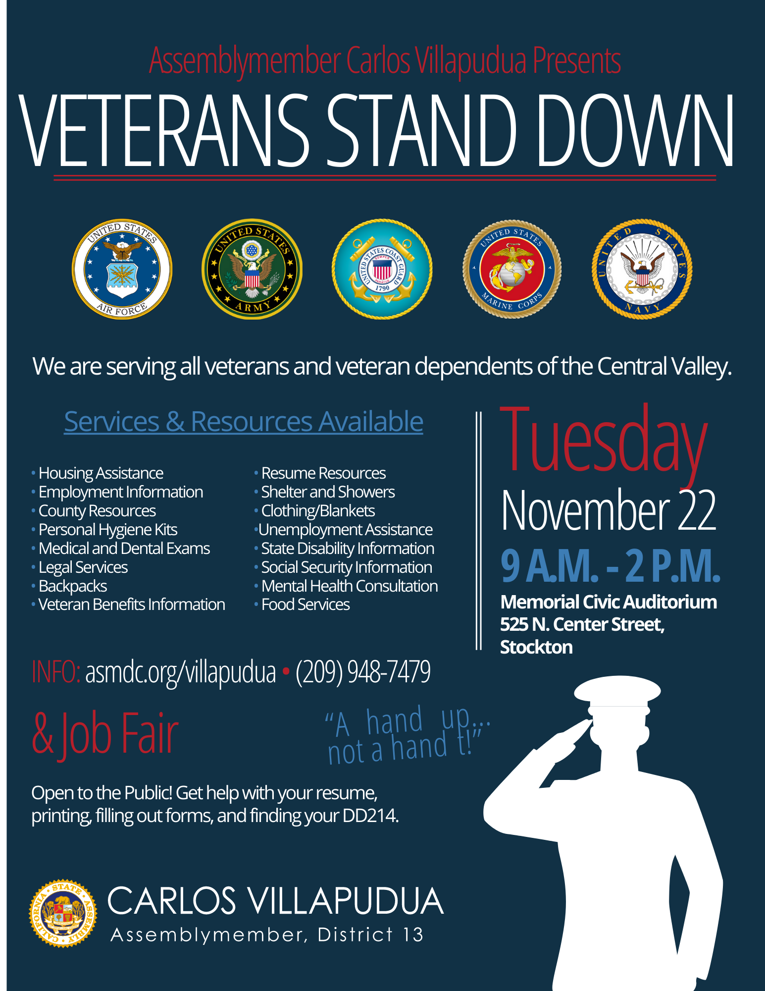 Navy blue background flyer advertising Veterans Stand Down Event. Tuesday, November 22 at 9 a.m. - 2 p.m. at the Stockton Memorial Civic Auditorium