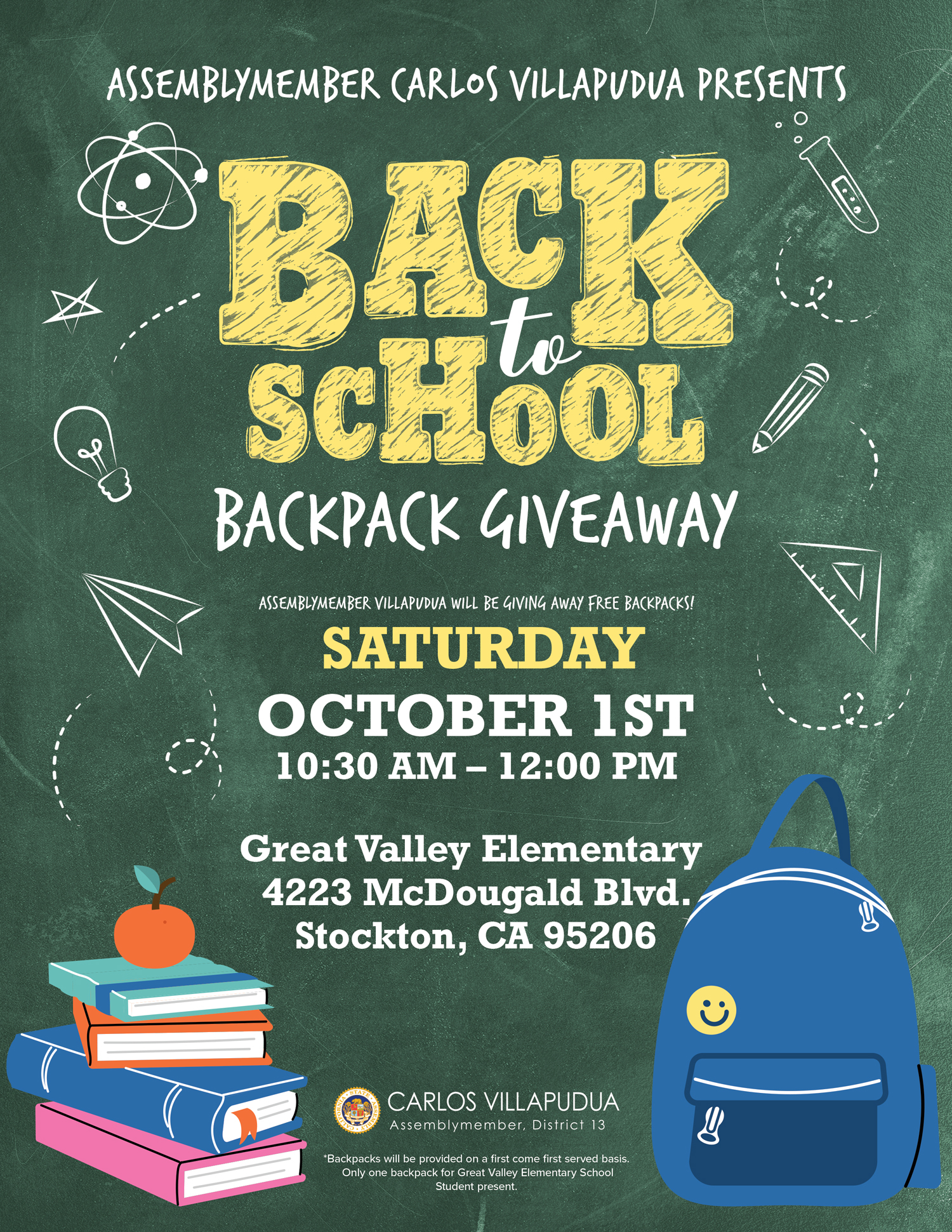 Great Valley Elementary School Back to School Backpack Giveaway Flyer