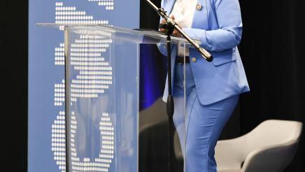 Assemblymember Rhodesia Ransom addressing attendees as a guest speaker at the California Water Association Symposium, The Price of a Drop.