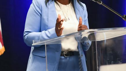 Assemblymember Rhodesia Ransom addressing attendees as a guest speaker at the California Water Association Symposium, The Price of a Drop.