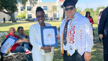 Assemblymember Rhodesia Ransom, and Stanislaus State President, Britt Rios-Ellis, with graduating student