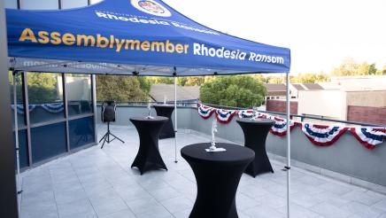 Event patio setup welcoming guests to Assemblymember Rhodesia Ransom’s Stockton district office Open House