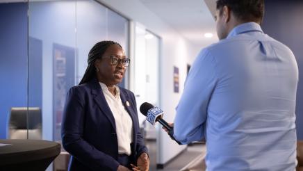 Assemblymember Rhodesia Ransom giving an interview during District 13 Open House in Stockton, California