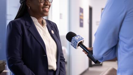 Assemblymember Rhodesia Ransom giving an interview during District 13 Open House in Stockton, California