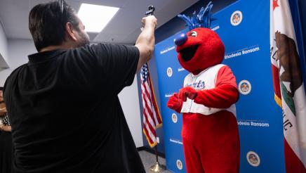 Splash, the Stockton Ports Baseball Club Mascot, at Assemblymember Rhodesia Ransom’s District 13 Open House in Stockton, California