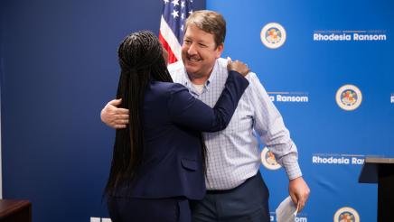 Assemblymember Rhodesia Ransom with Stockton Chamber of Commerce CEO at District 13 Open House ceremony in Stockton, California
