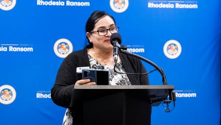 San Joaquin County Hispanic Chamber of Commerce CEO Lisa Vela giving remarks at Assemblymember Rhodesia Ransom’s District 13 Open House in Stockton, California