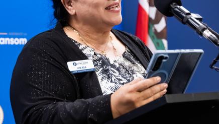 San Joaquin County Hispanic Chamber of Commerce CEO giving remarks at Assemblymember Rhodesia Ransom’s District 13 Open House in Stockton, California