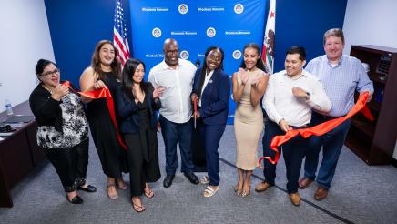 Assemblymember Rhodesia Ransom with her staff, Stockton Chamber of Commerce CEO, and San Joaquin County Hispanic Chamber of Commerce CEO during ribbon cutting ceremony at District 13 Open House in District 13.