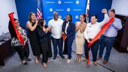 Assemblymember Rhodesia Ransom with her staff, Stockton Chamber of Commerce CEO, and San Joaquin County Hispanic Chamber of Commerce CEO during ribbon cutting ceremony at District 13 Open House in District 13.