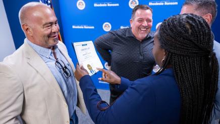 Assemblymember Rhodesia Ransom with San Joaqui County Board of Supervisors and District Attorney during ribbon cutting ceremony at District 13 Open House in District 13.