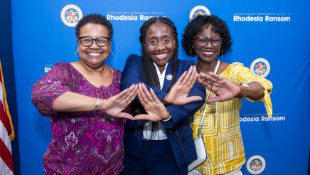 Assemblymember Rhodesia Ransom with her Tri Delta sorority sisters at District 13 Open House in Stockton, California