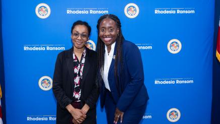 Assemblymember Rhodesia Ransom with district office intern at District 13 Open House in Stockton, California