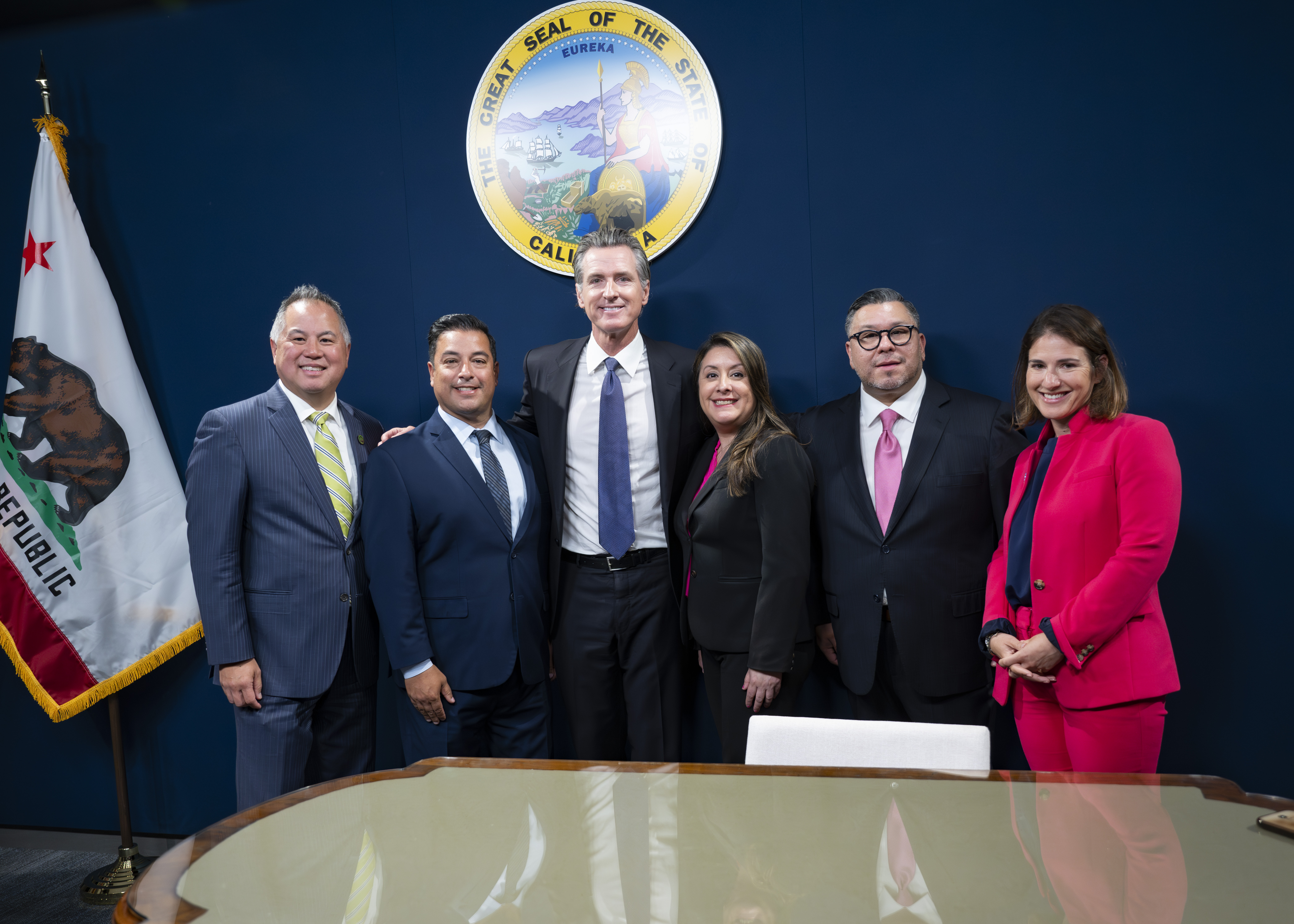 Group photo with Assemblymembers Ting, Villapudua, Luz Rivas, Garcia, and Bauer-Kahan, and Governor Newsom